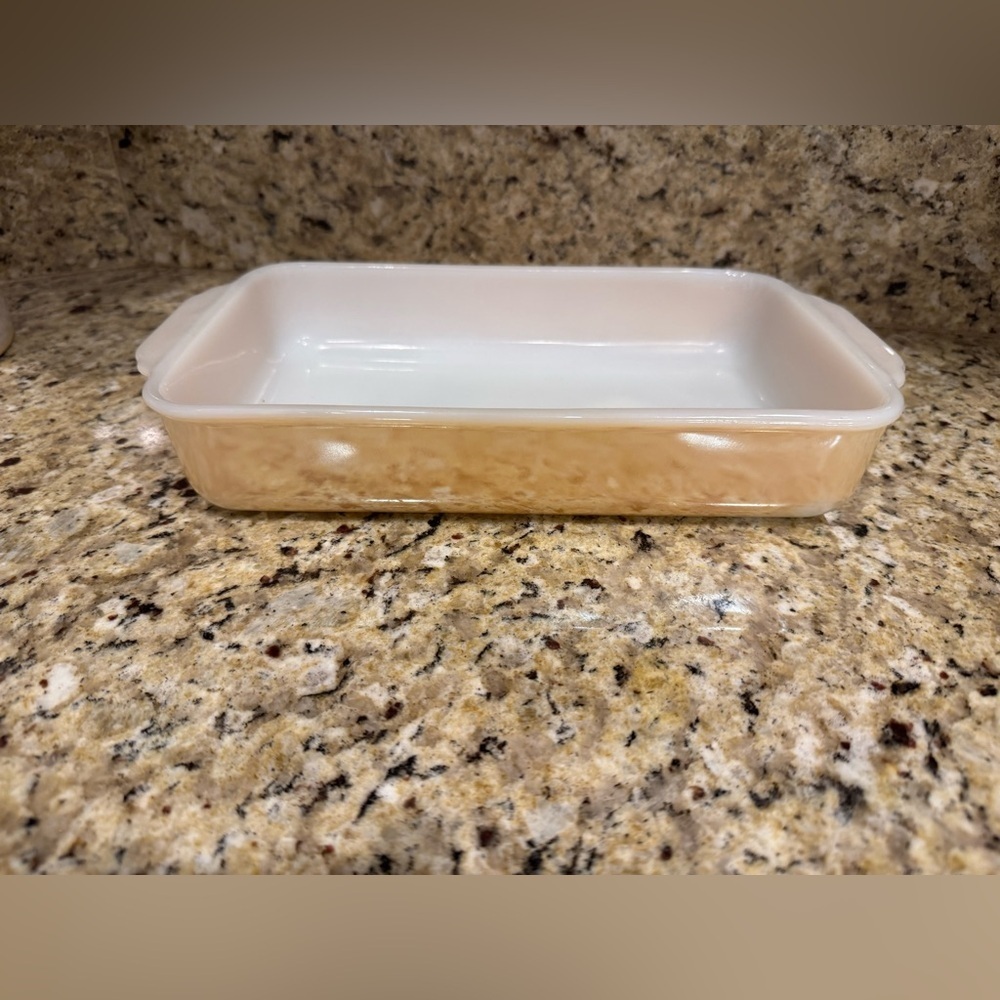 Fire king iridescent 1 1/2 quart small rectangular baker. Some fading no chips